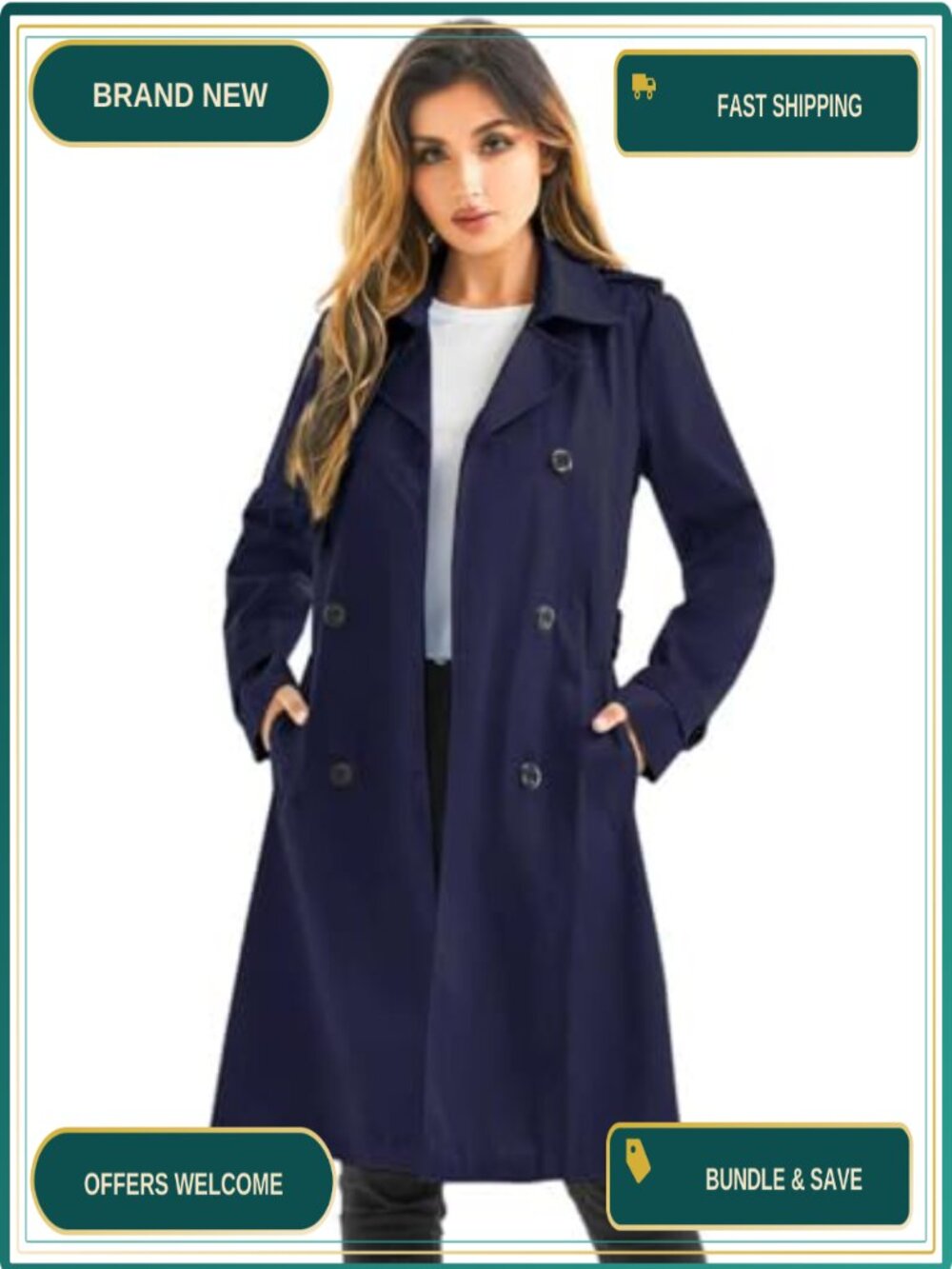 Women's Long Waterproof Trench Coat Double Breasted Belted Hood Classic